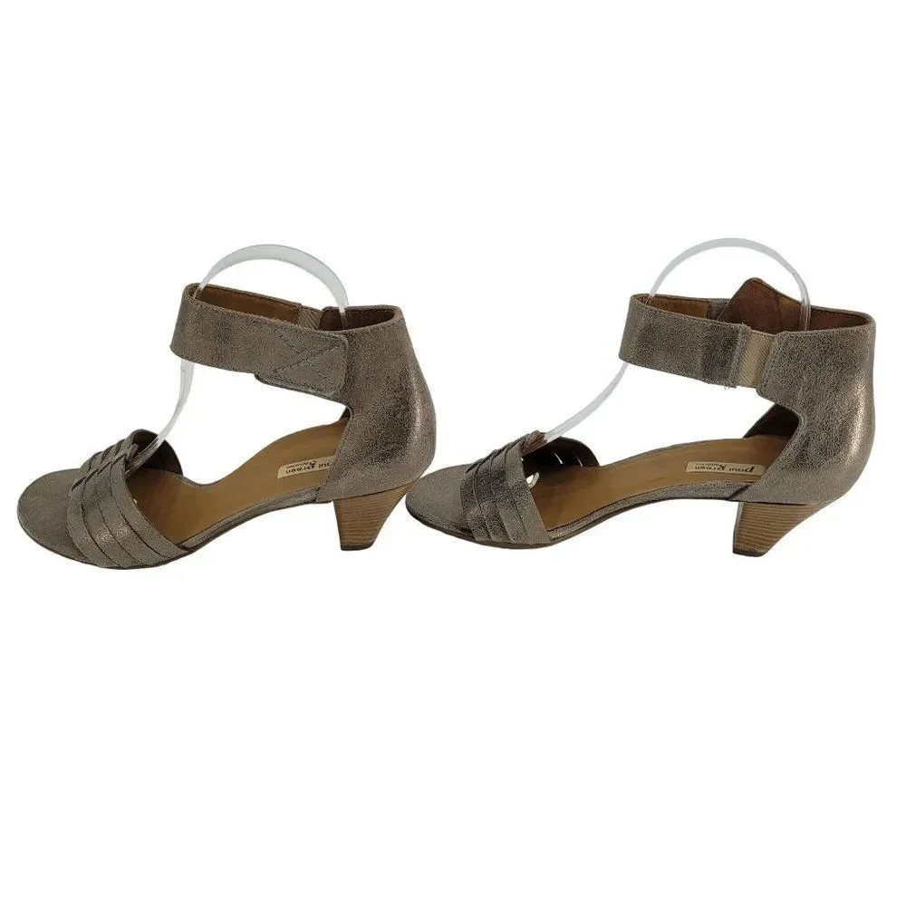 Paul Green Sandals 8 Heeled Leather Handmade Metallic Open‎ Toe Ankle Strap